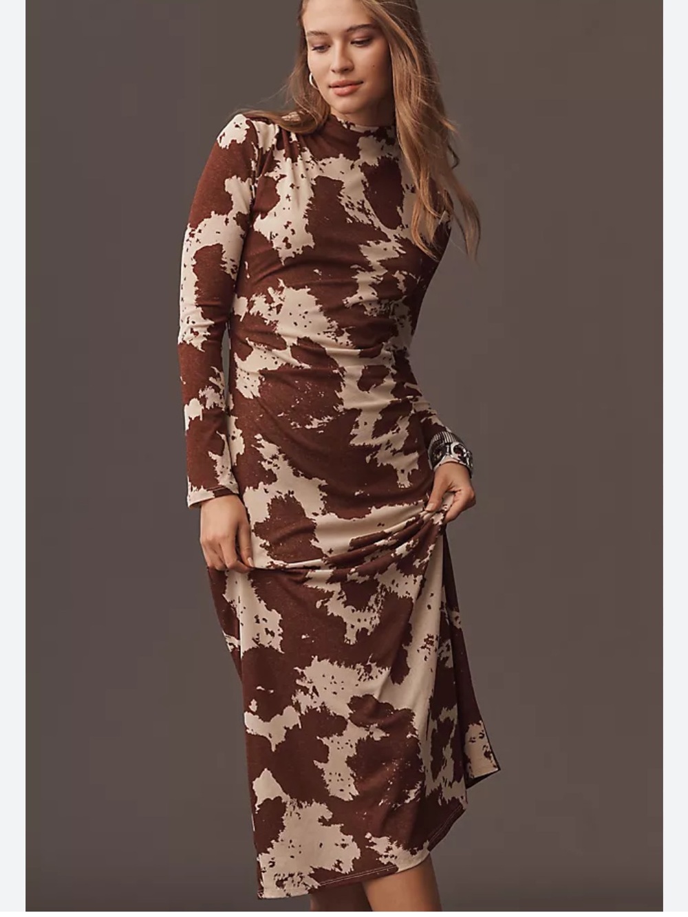 Rails Margaret Ruched Midi Dress in Cowgirl Cow Print Mesh Size M